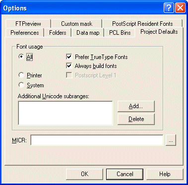 Project Defaults tab - Prefer True type and always build fonts selected