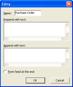 Entry Properties dialog box (prepend with, append with)